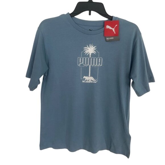 Puma Essential Palm Resort Graphic Crew Neck Short Sleeve T-Shirt Womens Blue XS - Picture 1 of 14